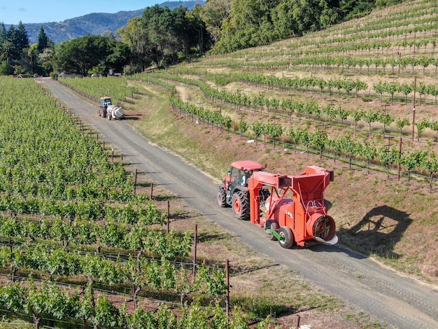 Farm tractor spraying pesticides insecticides herbicides over green vineyard field Napa Valley