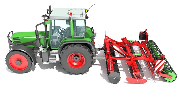 Farm tractor with trailed disc harrow d rendering on white background