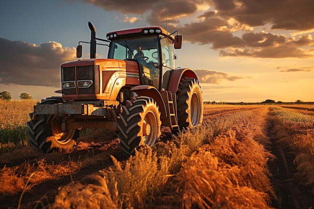 farm wheat field harvester under sunset