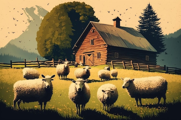 Farm with animals flock of sheep