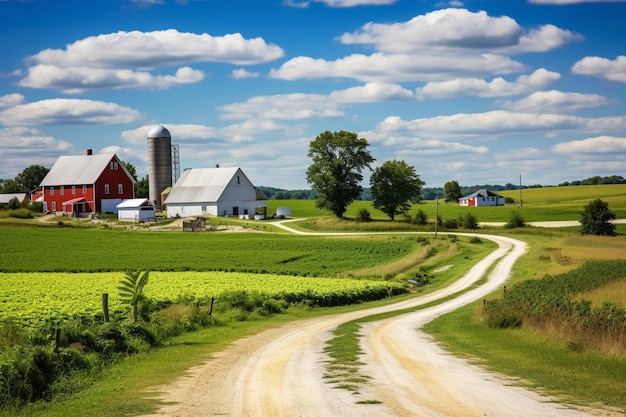 a farm with a barn and a farm in the background