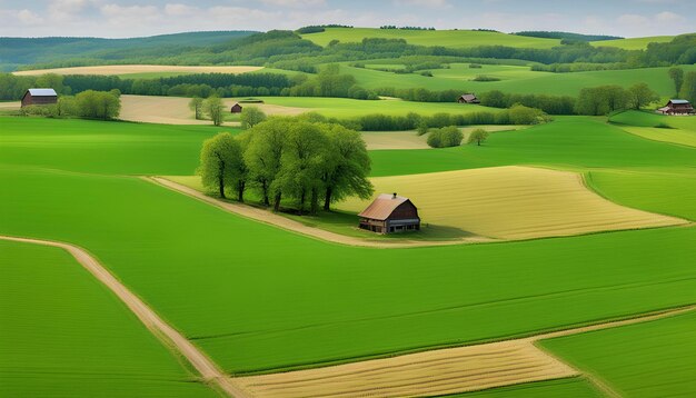 a farm with a barn on the top of it