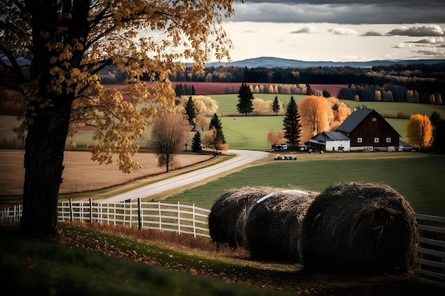 A farm with a fence and a barn with a white fence and a barn in the background.