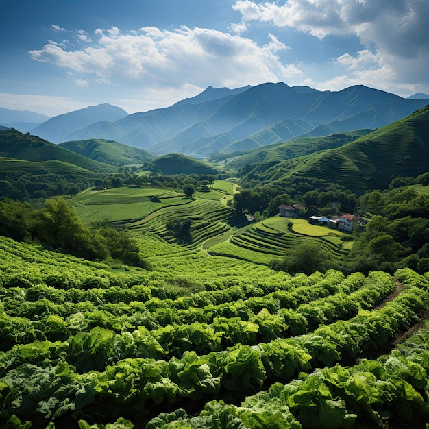 a farm with a house on the top of it and mountains in the background.