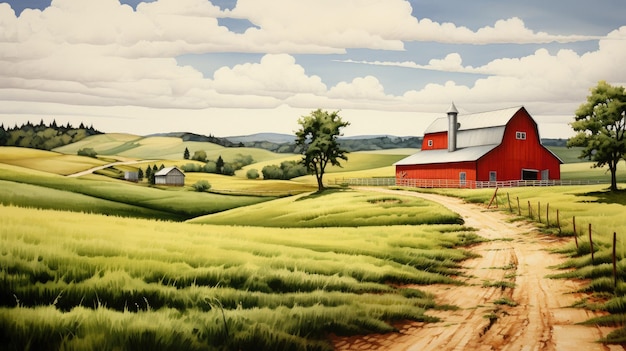 a farm with a red barn and farm in the background.