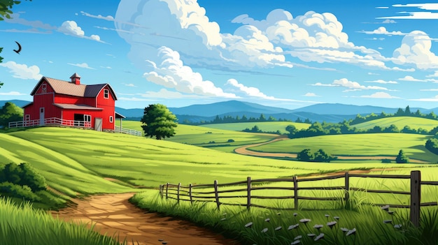 a farm with a red barn on the hill.