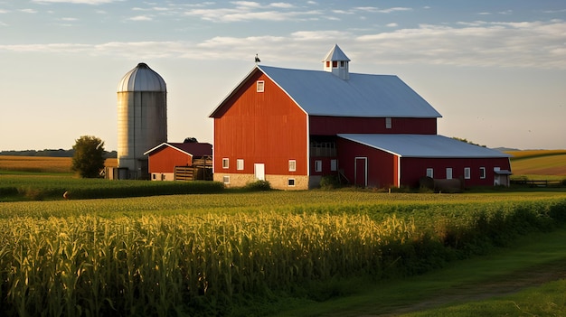 A farm with a red barn and silos in the background