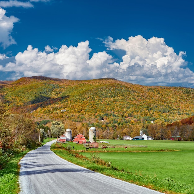 Farm with red barn and silos in Vermont