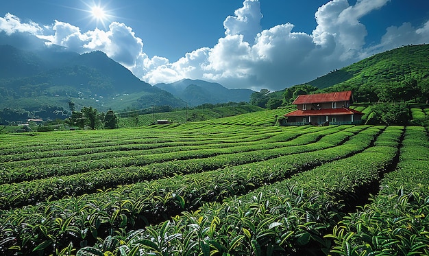 Photo a farm with a red house on the right side and a house in the background