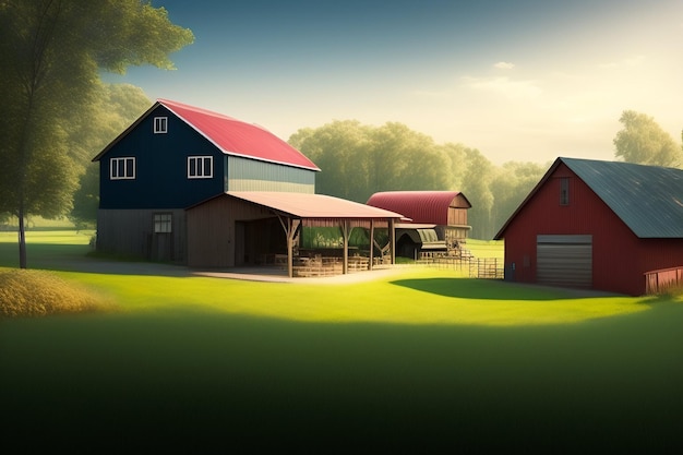 A farm with a red roof and a barn with a garage on the right side.