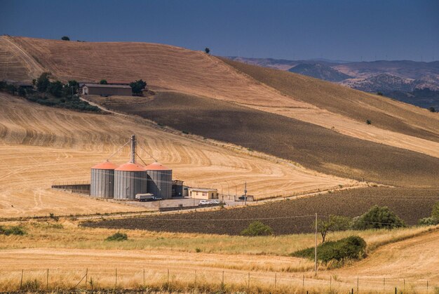 Photo a farm with a red roof and a building in the middle of it