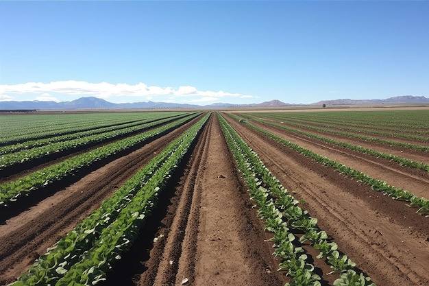 Farm with rows of crops growing in the sun created with generative ai