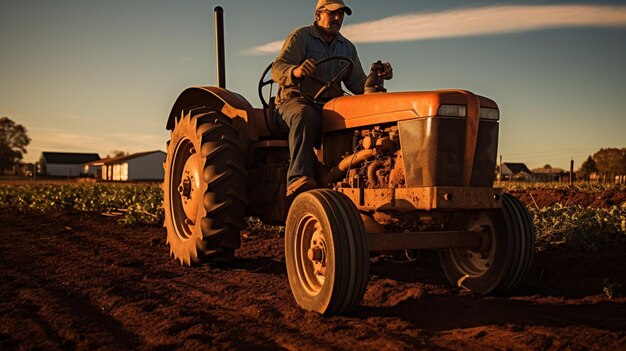 Photo farm worker driving tractor prepares for harvest