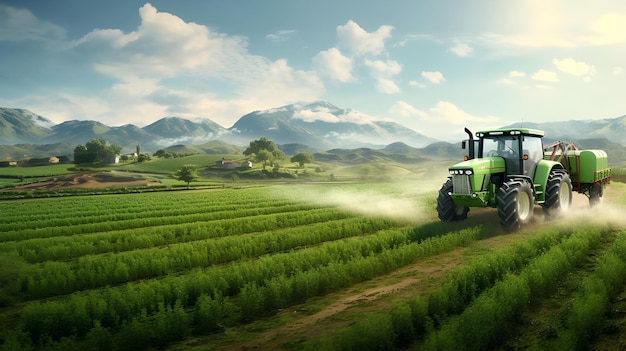 トラクターを運転する農夫が緑の草原を噴霧している Ai 生成