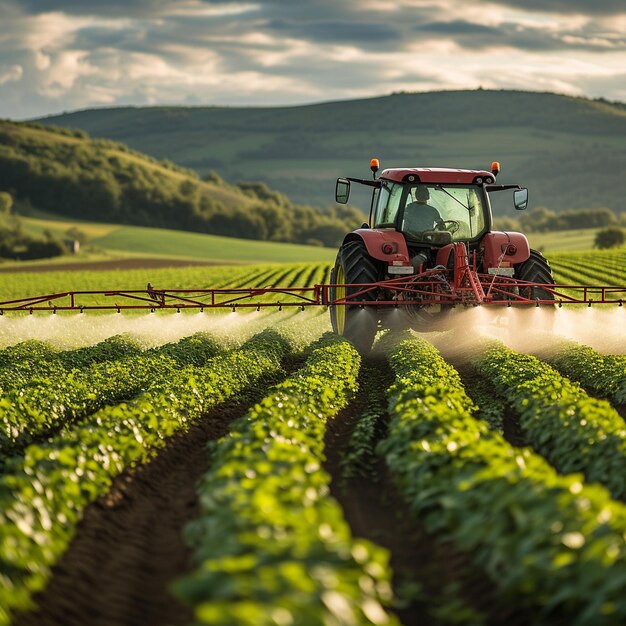 Foto lavoratore agricolo che guida un trattore che spruzza