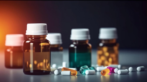 Farmaceutische en gezondheidszorgconcepten met verschillende rekeningen en flessen voor medicatie en geneesmiddelenonderzoek