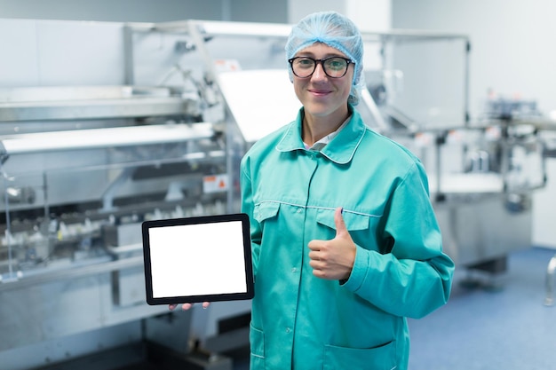 Farmaceutische fabrieksarbeider met een tablet in zijn handen toont apparatuur