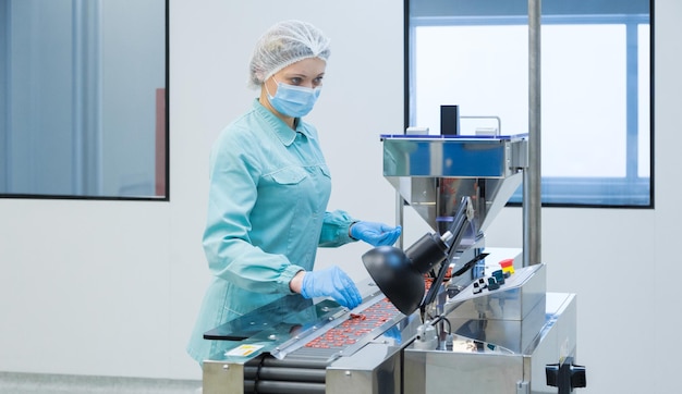 Farmaceutische industrie vrouw werknemer in beschermende kleding werkende productie van tabletten in steriele arbeidsomstandigheden