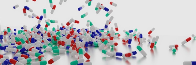 Farmaceutische kleurrijke pillen medicijnen antibiotica tabletten medicijnen 3D rendering