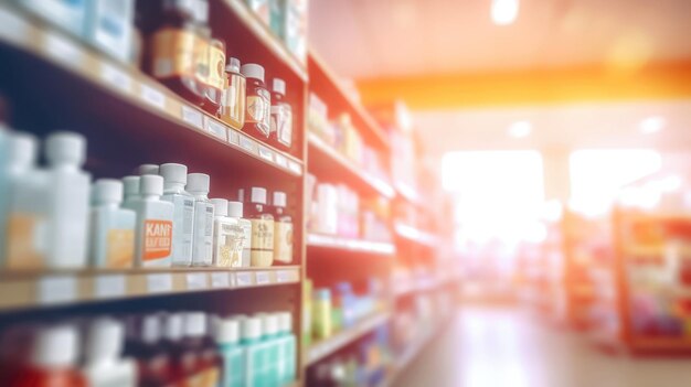 Farmaceutische winkel interieur vervagen planken van medicijnen en gezondheidszorg goederen generatieve AI