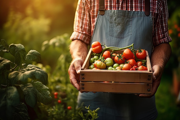 Farmer adult man holding fresh tasty vegetables