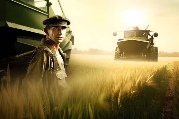 Farmer and agricultural tractor in the field neural network ai generated