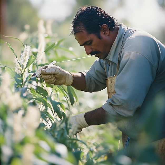 a farmer applying neem oil or other natural pest control solutions