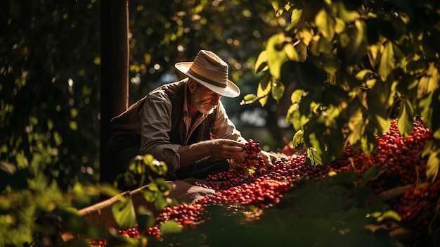 農家が森でコーヒー豆を収穫している