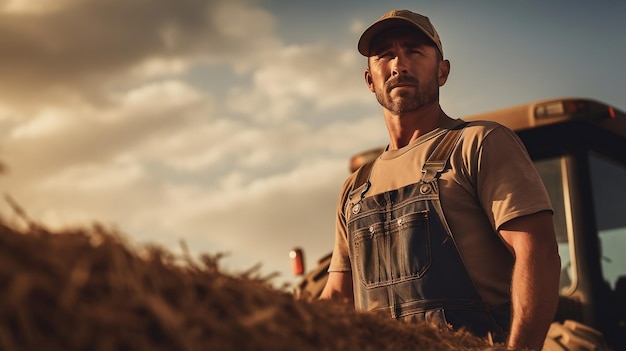 Farmer on the background of the farm in the light of the setting sun