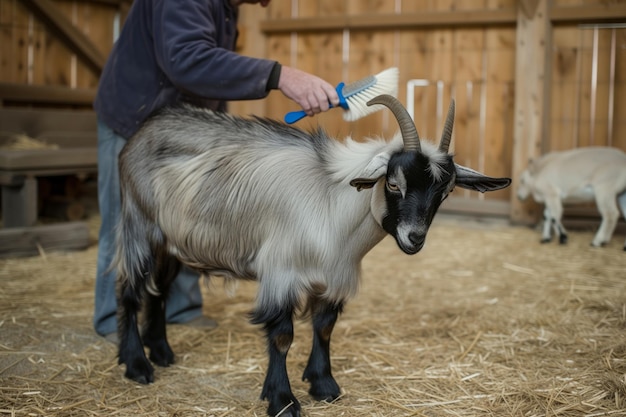 Premium Photo | Farmer brushing a cashmere goat in a barn