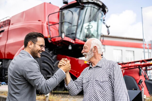 Farmer buying brand new combine harvester for agricultural business