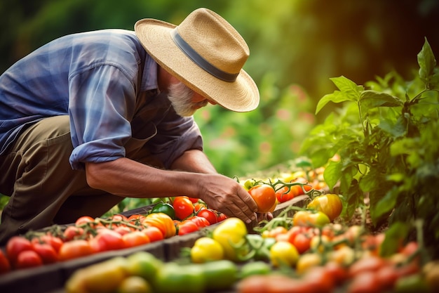 Farmer carefully tending to rows of colorful vegetables in a vibrant organic garden Generative AI