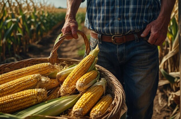 A farmer carrying a basket full of corn