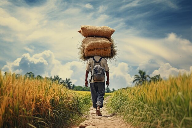 A farmer carrying a load of paddy is walking alone