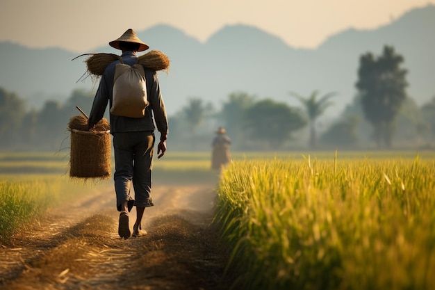 Photo a farmer carrying a load of paddy is walking alone