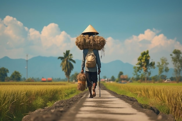 A farmer carrying a load of paddy is walking alone