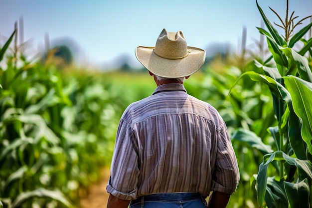 Farmer checking his crop corn field Rear view