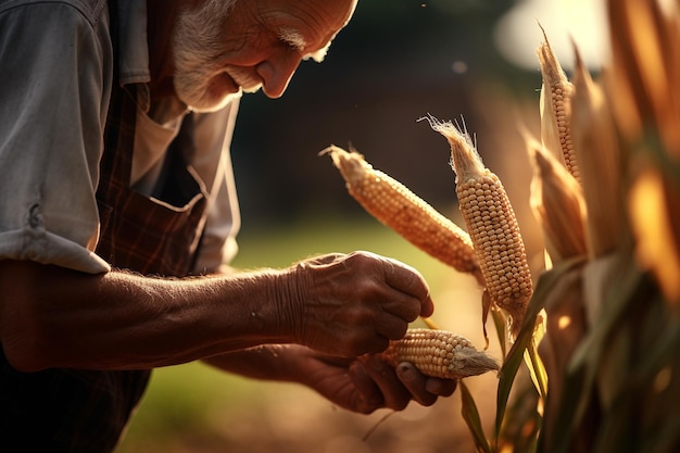 Фермер проверяет качество кукурузных колосьев
