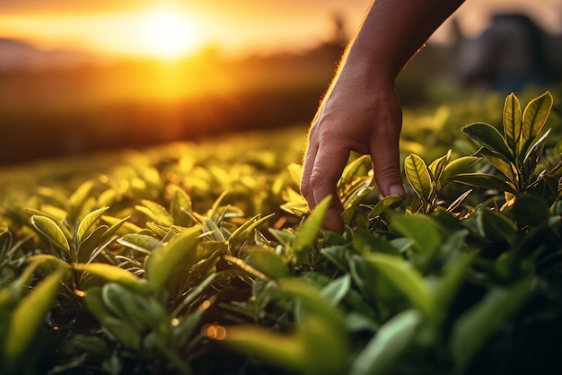 A farmer checks the condition of the tea leaves