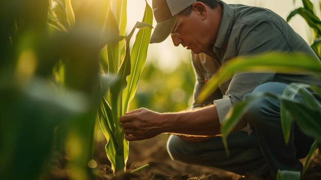 Photo farmer checks corn sprouts