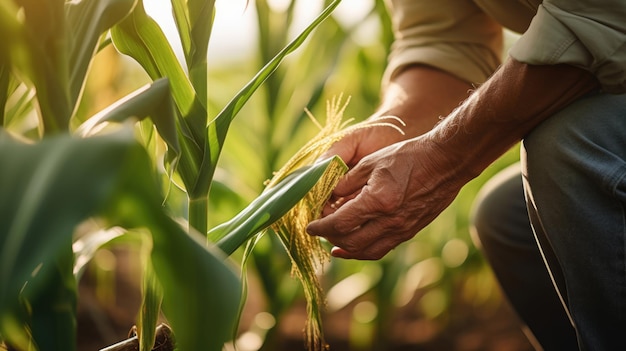 Farmer checks corn sprouts