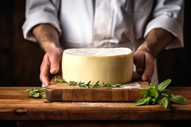 Farmer cheesemaker hold big slice of cheese in hand Cheese with big holes head of handcrafted hard cheese Homemade cheese production