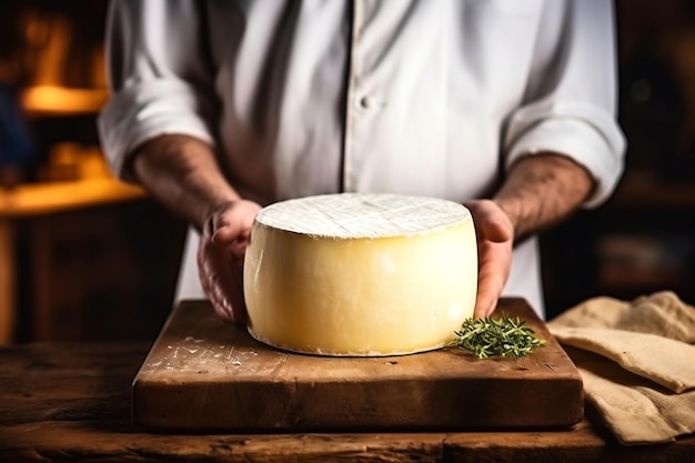 Farmer cheesemaker hold big slice of cheese in hand Cheese with big holes head of handcrafted hard cheese Homemade cheese production