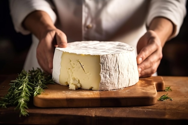 Farmer cheesemaker hold big slice of cheese in hand Cheese with big holes head of handcrafted hard cheese Homemade cheese production