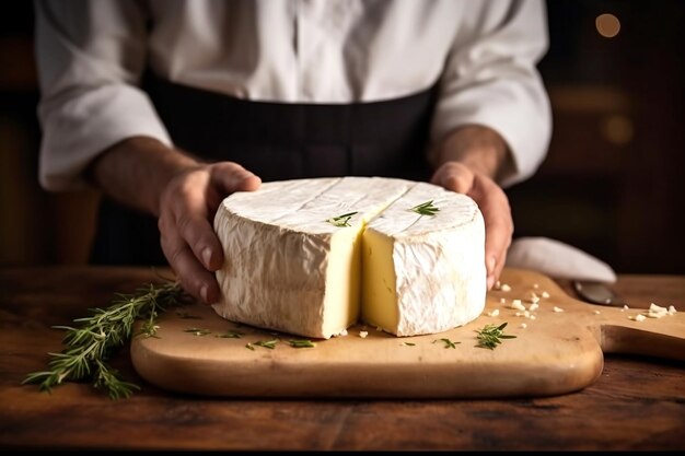 Farmer cheesemaker hold big slice of cheese in hand Cheese with big holes head of handcrafted hard cheese Homemade cheese production