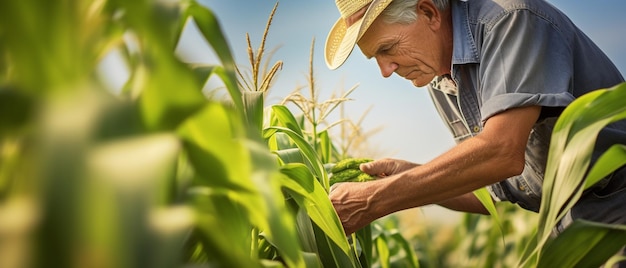 Farmer closely inspects the growth of his corn crops photorealism