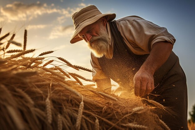 a farmer collects grain