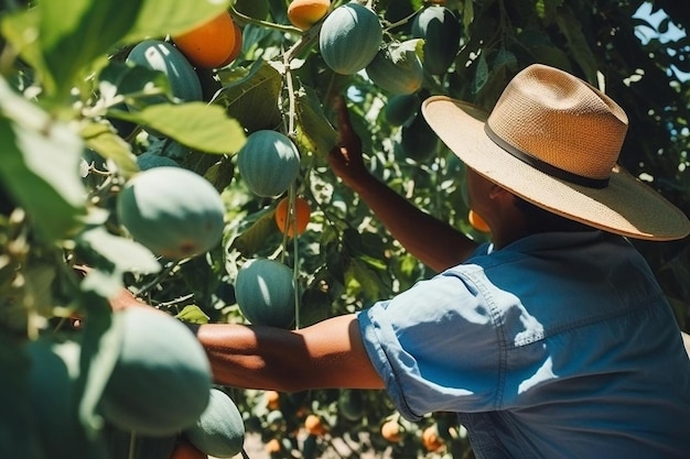 Photo farmer controlling melon on the tree