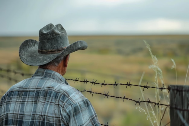 A farmer in a cowboy hat inspects the integrity of the barbed wire fence on his property