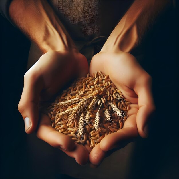 Photo farmer cradling a handful of wheat grains during harvest season